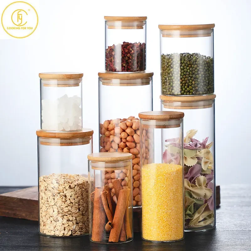 1Pcs Mason Candy Jar with Bamboo Cover Lid for Spices Grains Noodles Cookie Container Glass Jars Kitchen Food Storage Containers