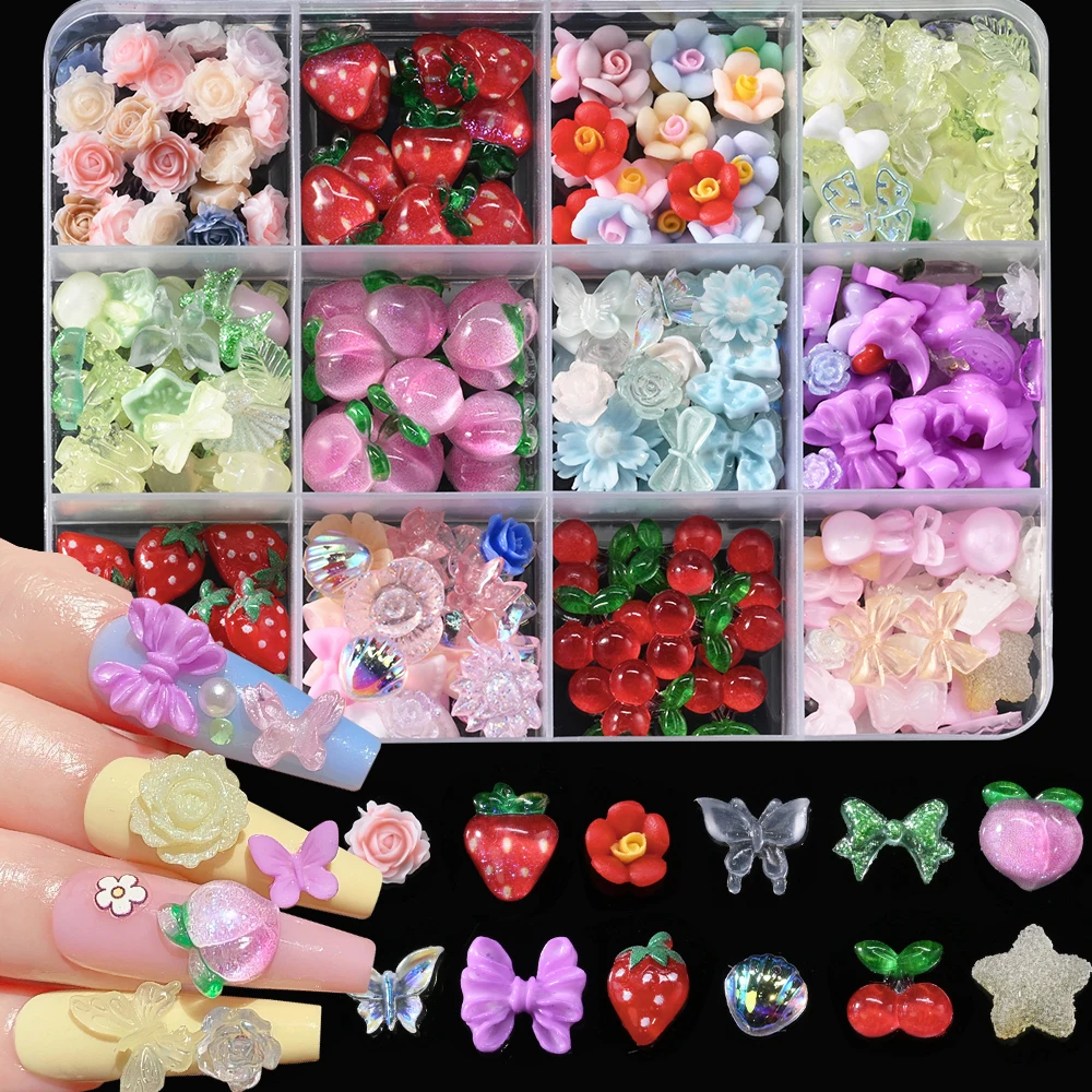 12 grilles 3D sucette dessin animé fruits Nail Art strass Flatback résine fraise raisin ongles breloques bijoux à bricoler soi-même gemmes décoration