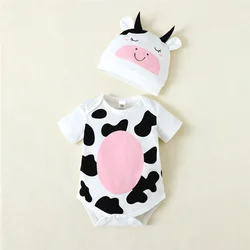 0-9 Months Newborn Baby Boy and Girl Romper Cute Cow Pattern Short Sleeve Bodysuit with Hat Summer Playsuit Clothing