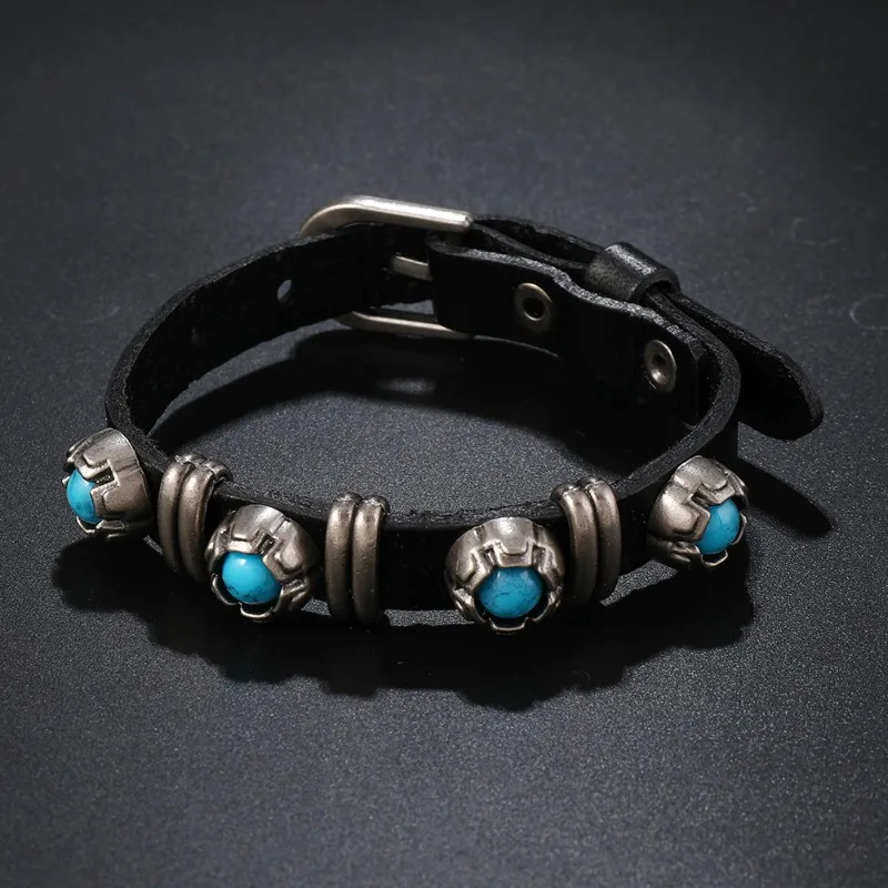New European Punk Bracelet Genuine Leather Alloy Flower Turquoise Bangle Men's Personalized Cowhide Rivet Wristband Jewelry