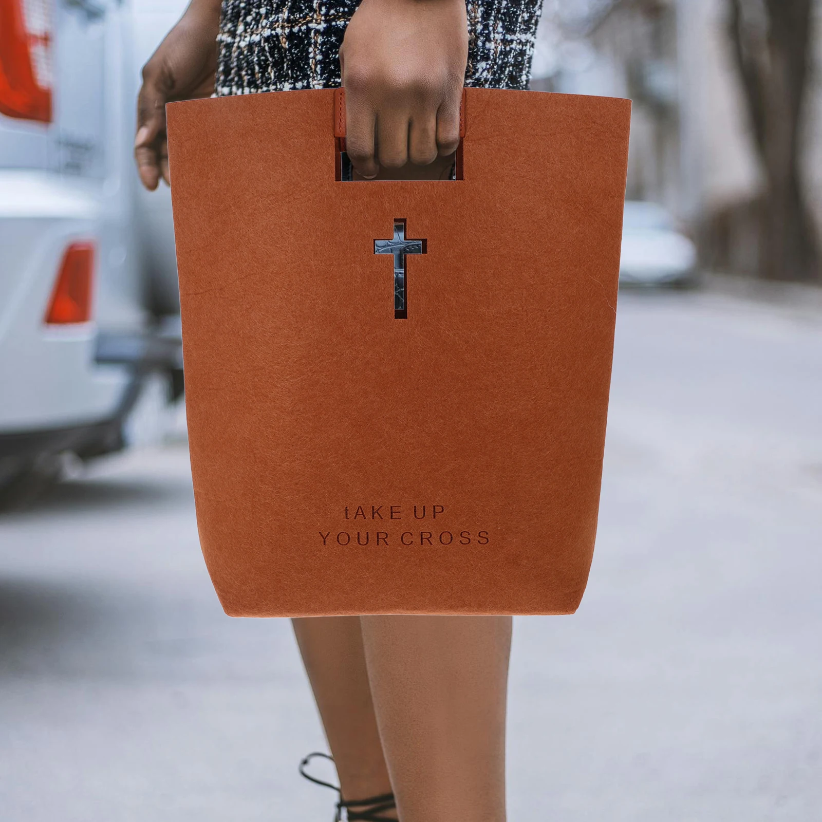 

Felt Bible Large Capacity Hollow Cross Felt Bible Storage Book Design Tote Light Brown Ladies Book Storage Grocery Notebook