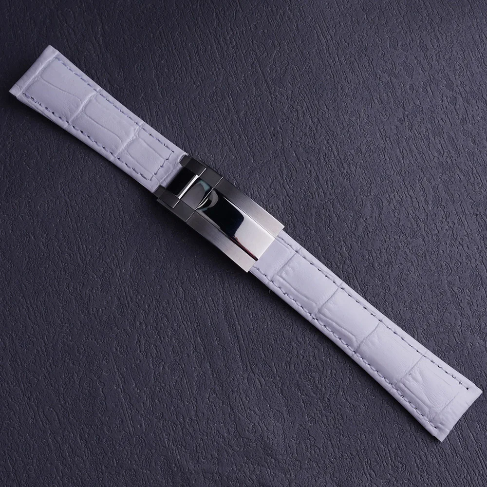 

20mm Top Quality White Leather Watch Band Strap with Middle Polish/Milddle Gold/Silver Brush Clasp For OYSTER GMT SKX Black BAY