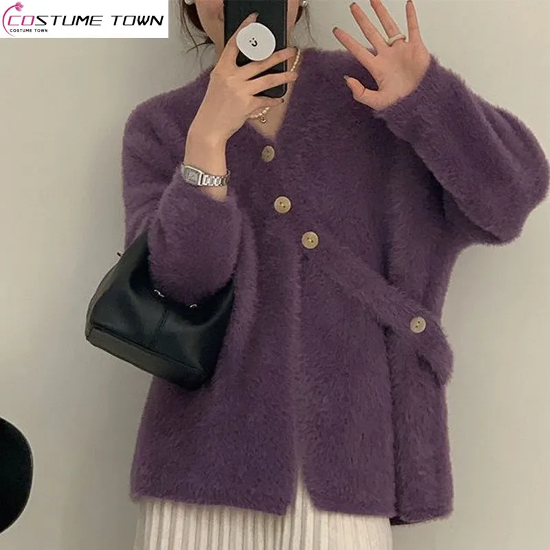 

Diagonal Buckle Mink Plush Sweater Cardigan Jacket Women's Mid Length Autumn/winter New Fashion V-neck Irregular Knit Top