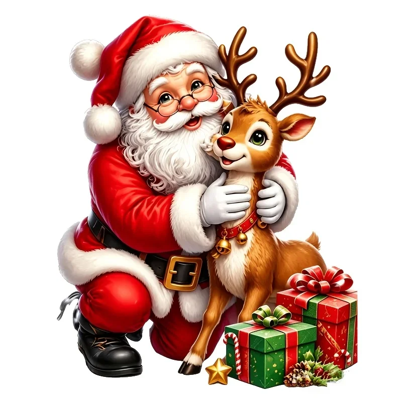 2D Flat Santa & Reindeer Waterproof Vinyl Sticker Decal for Car Laptop Motorcycle Scooter Glass Wall Decor Holiday Gift