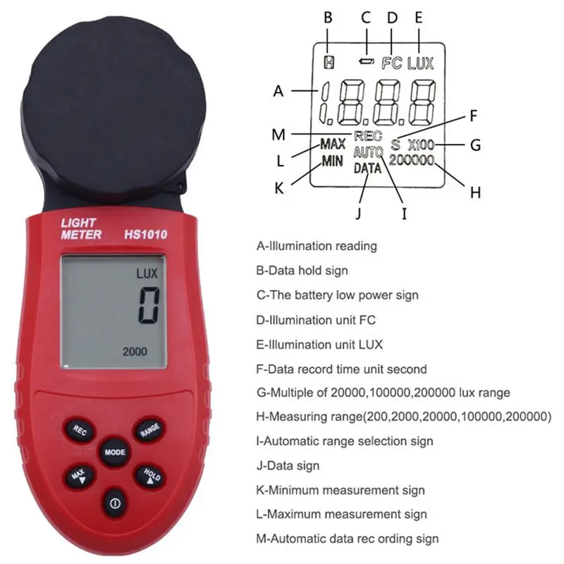 200,000 Lux HS1010 LCD Digital Integrated Light Luxmeter Tester Illumination Meter Hand-Held Light Luminometer Lux/Fc Photometer