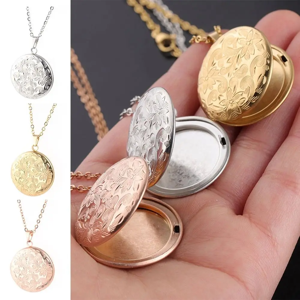 Round Necklaces Flower Carving Mirror Polish Photo Picture Locket Jewelry Gift Stainless Steel Photo Frames Pendant For Women