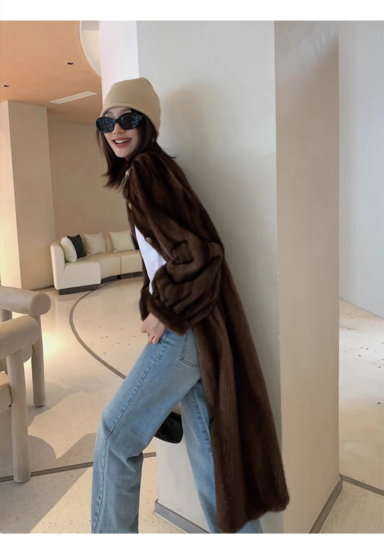 Lautaro Winter Long Brown Thick Warm Soft Faux Mink Fur Coat Women Puff Sleeve Elegant Luxury Chic Fluffy Furry Overcoat 2023