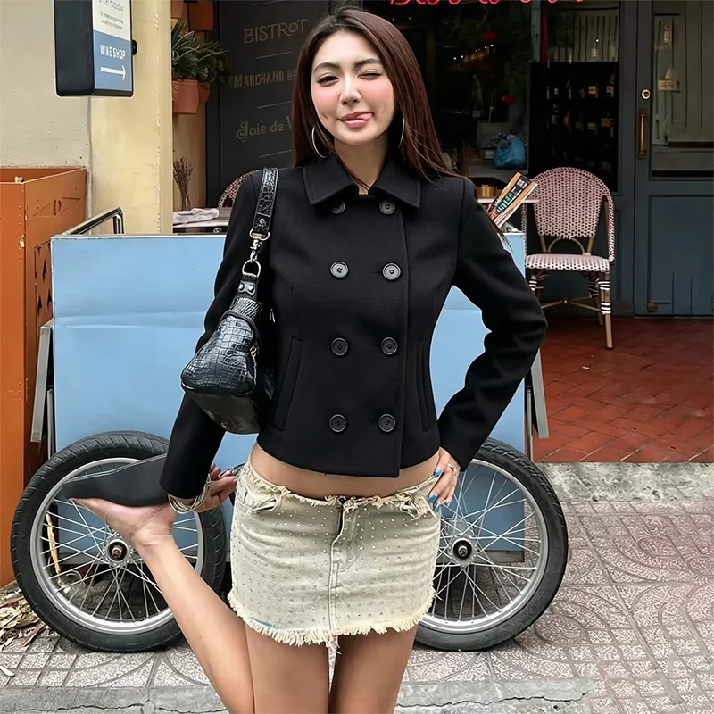 Fashionable Women Y2k Harajuku Chic Daily Lapel Double Breasted Fitted Cropped Woolen Short Jacket Autumn Coat