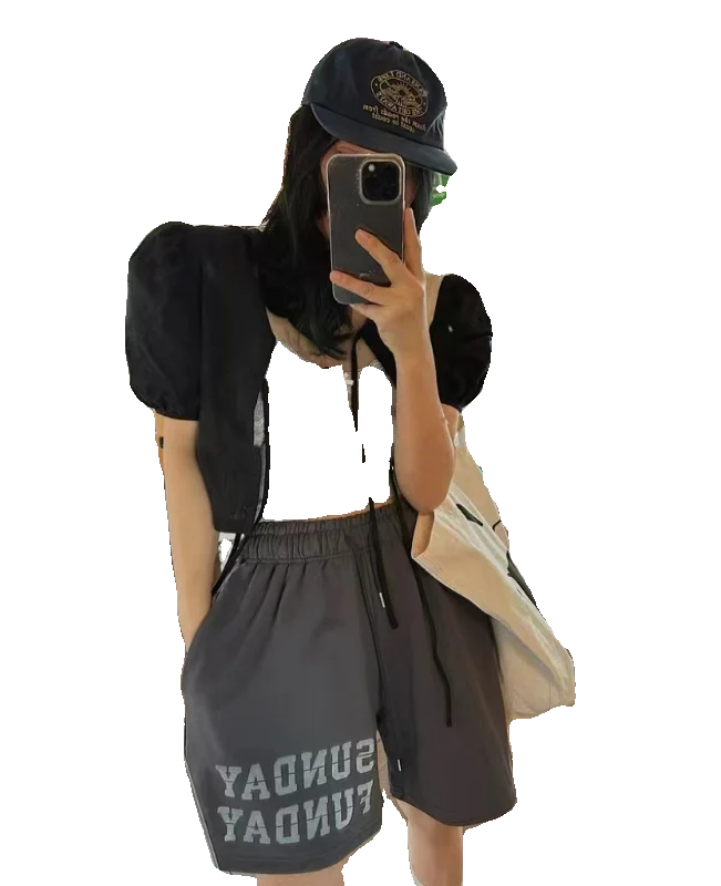 Ele ปักโบว์ Bubble Sve irt ผู้หญิงบาง Hollow out อินเทรนด์ผ้าฝ้าย ort Sve รอบ Ne