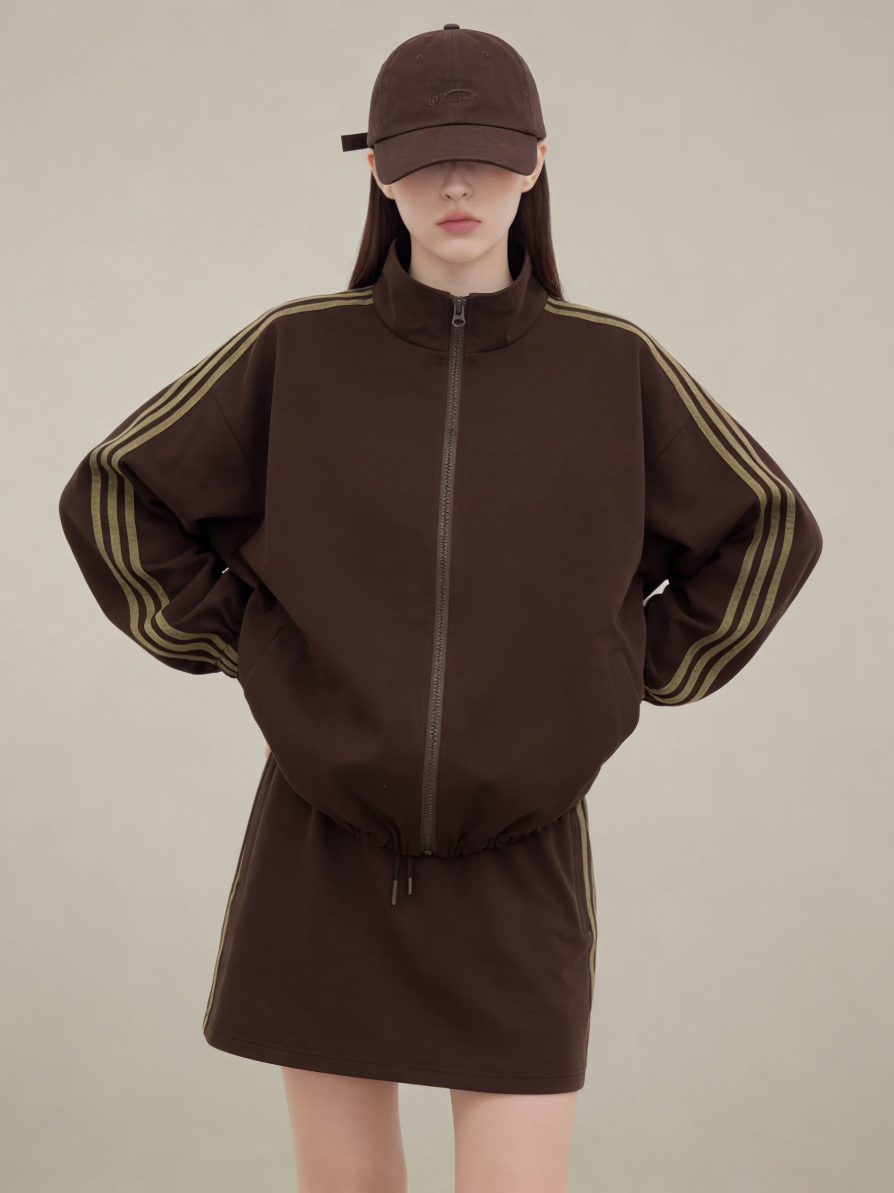 

Retro Striped Zipper Jaet Skirt Set Women's Casual Sportswear Spring High Waist Trousers Long Sve High Collar Loose Fit