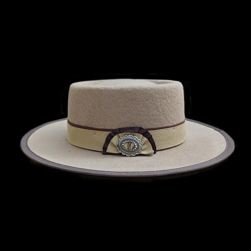 European and American Fashion Pork Pie Style Pure Wool Felt Hat with Ribbon Decoration Wool Fedora
