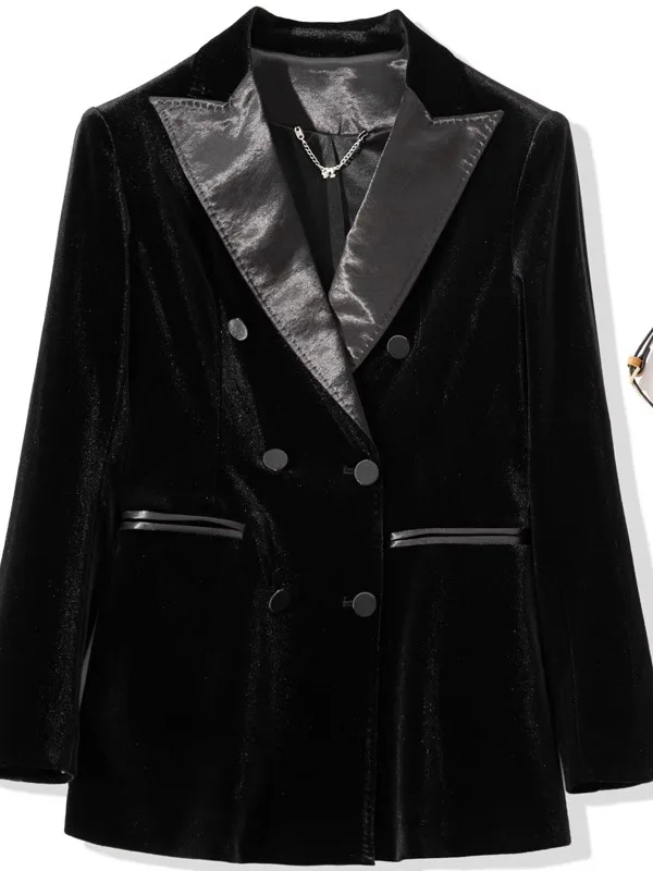 

Elegant Velvet Jacket Short Suit Long Sleeve Double Button Color Block Spring Autumn Fashionable Intelligent Style Women's Coat