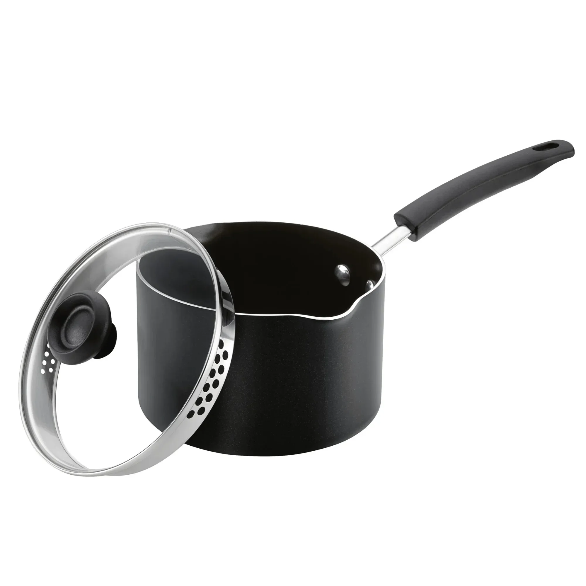 

Easy Clean 3 Quart Nonstick Straining Sauce Pan with Pouring Spout and Lid, Dishwasher Safe, Black