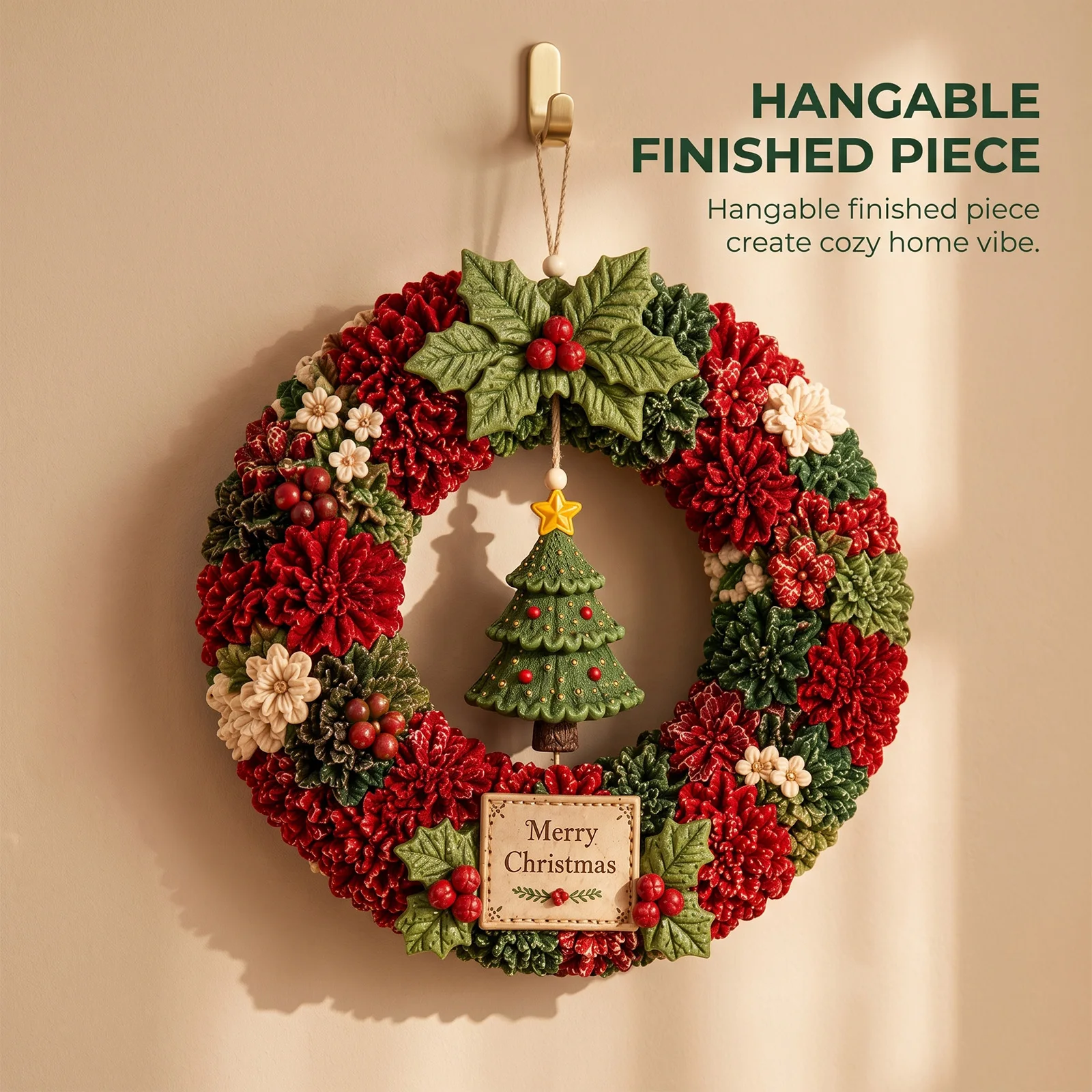3D Punch-Nadel-Kranz-Bastelset, sortiertes Baumwollgarn, für Anfänger, DIY, Weihnachts- und Heimdekoration, Wandbehang, Ornamente, Geschenkset für die Feiertage – Detail 3