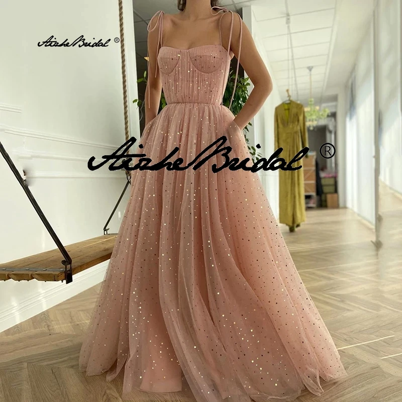 

Розовое длинное платье для выпускного вечера Милая на бретельках со звездами и блестками Праздничное платье трапециевидной формы Плиссированное драпированное арабское вечернее платье