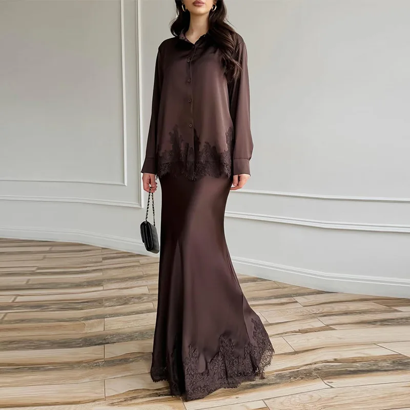 Two Piece Set 2026 New Women's Loose Lace Splicing Casual Fashion Long Skirt Set