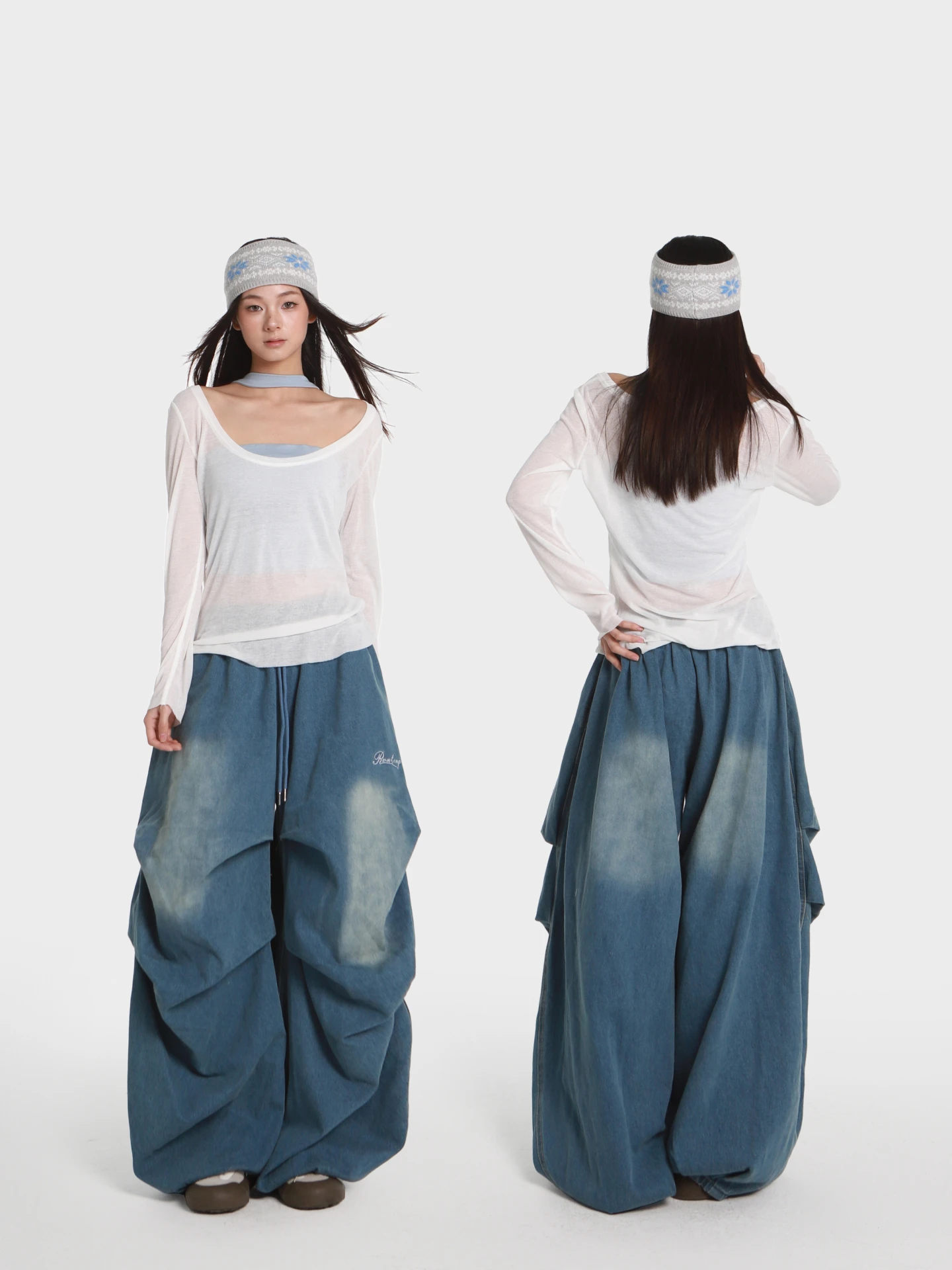 

Женские джинсы Lin Xiaohua Dancing Jazz K: белые с синими вставками, свободный крой, с эластичным поясом, модные, из денима