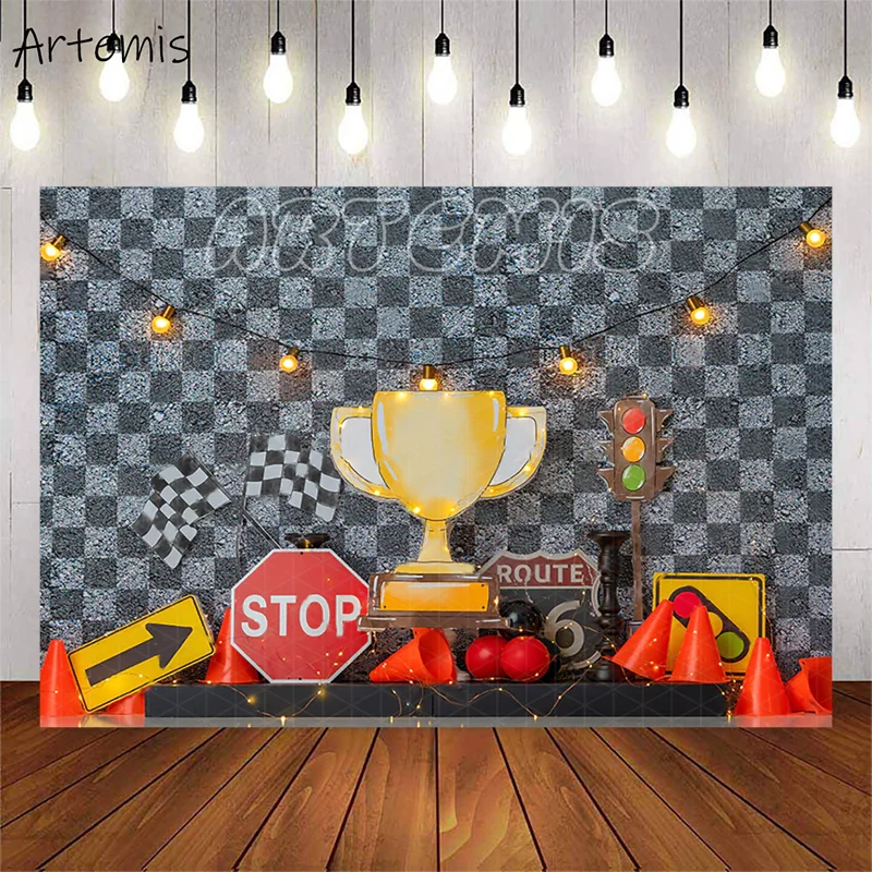 Racing Need for Speed Photo Background Boy Birthday Cake Smash Photography Backdrop Dried Flower Trophy Cool Photo Studio Props