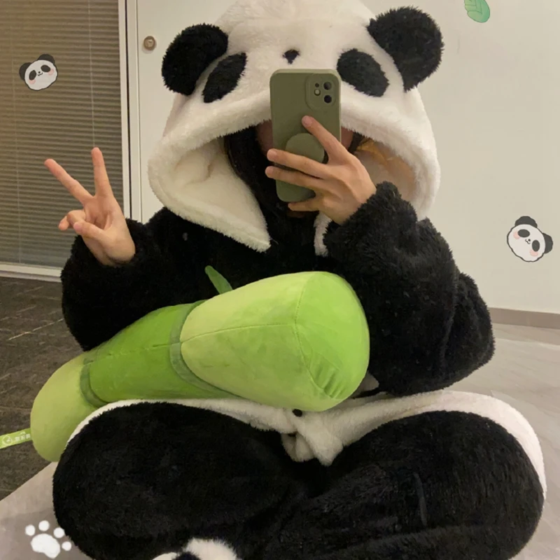 Women’s Pajamas Cartoon Panda Onesies Warm Soft LooseRobes Nightgown Kawaii Animal Cosplay Suit Winter Flannel Homewear Women Cl