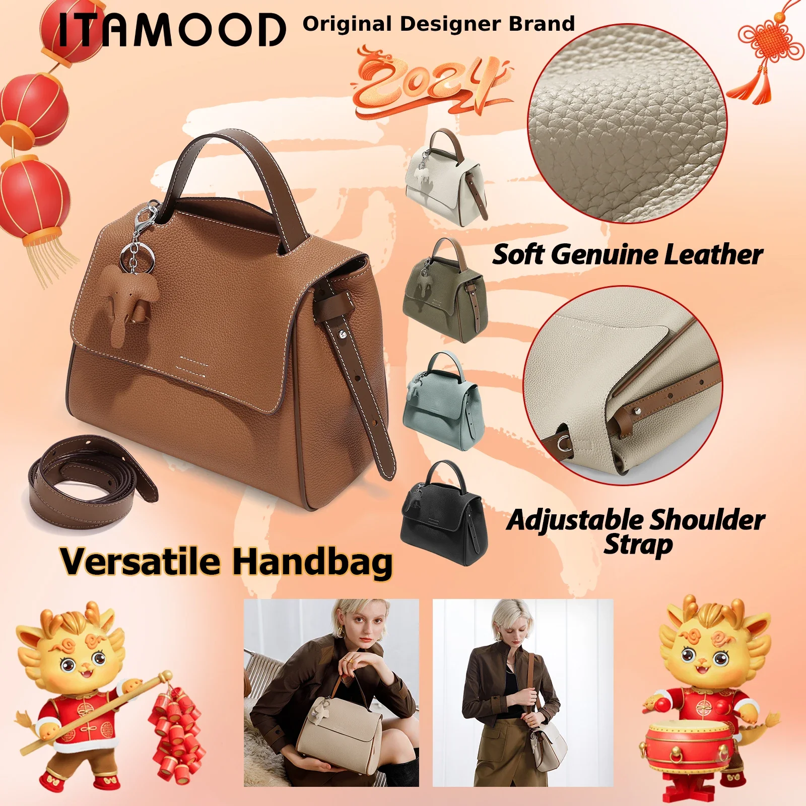 ITAMOOD Genuine Leather Top Handle Handbag for Women Fashionable and Versatile Tote Crossbody Bag  Shoulder Bag Satchel Purse