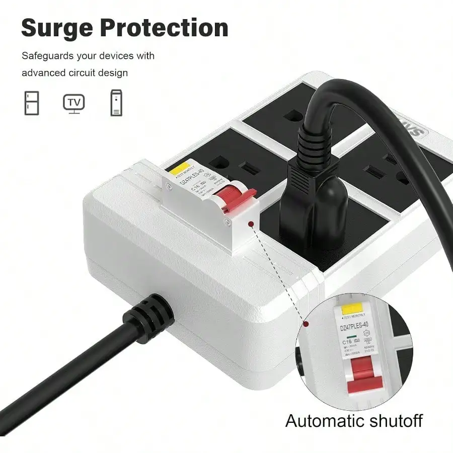 GFCI Power Strips With 9.84 FT Heavy Duty Extension Cord 4 Gang Sockets 15A Fused SAFEMORE Power Strip 1875J With 30mA RCBO Leak