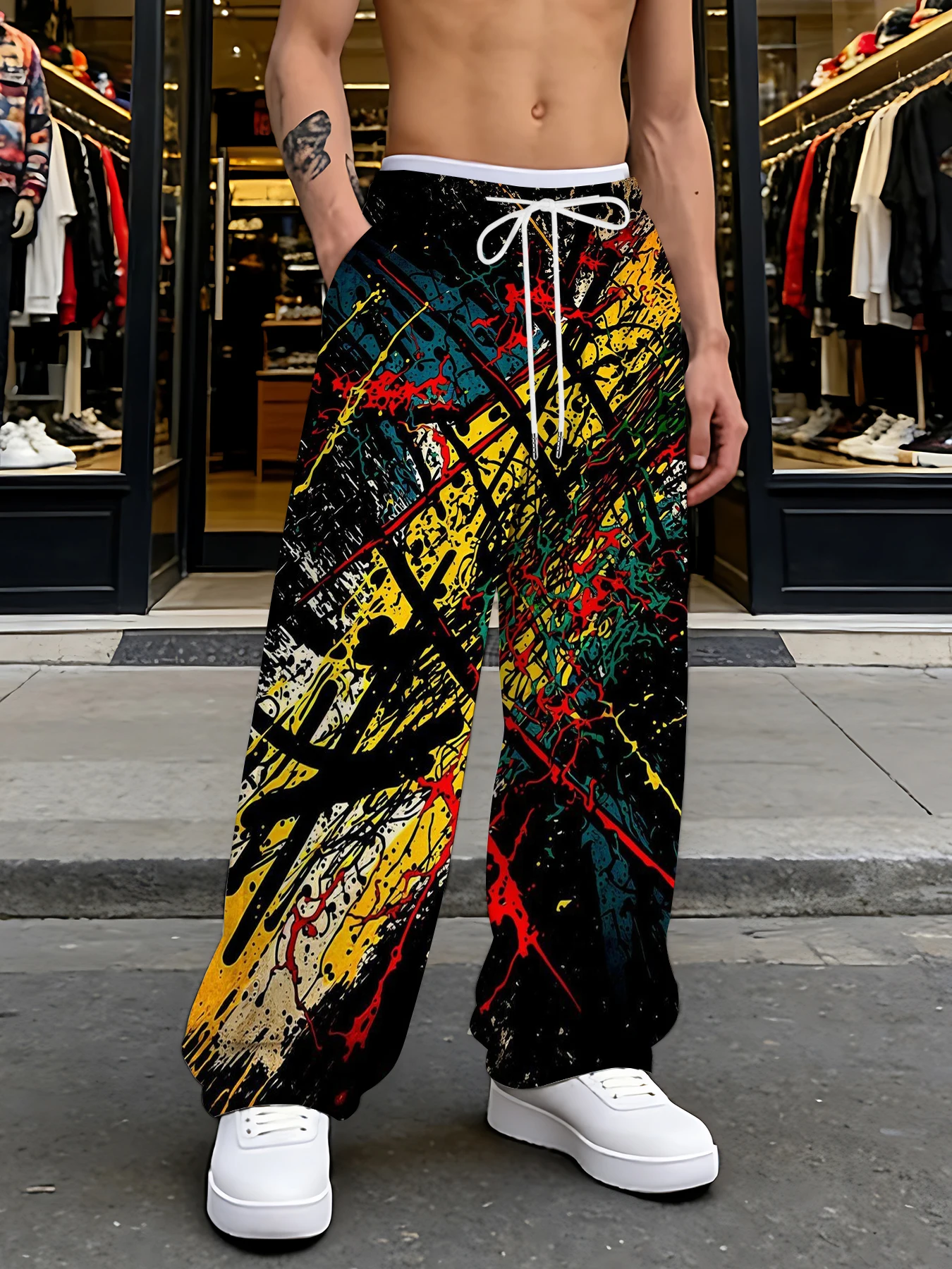 

2026 Men's Printed Straight Leg Pants Drawstring Waist Loose Fit Casual Summer Beach Wear Fashion Trendy Trousers