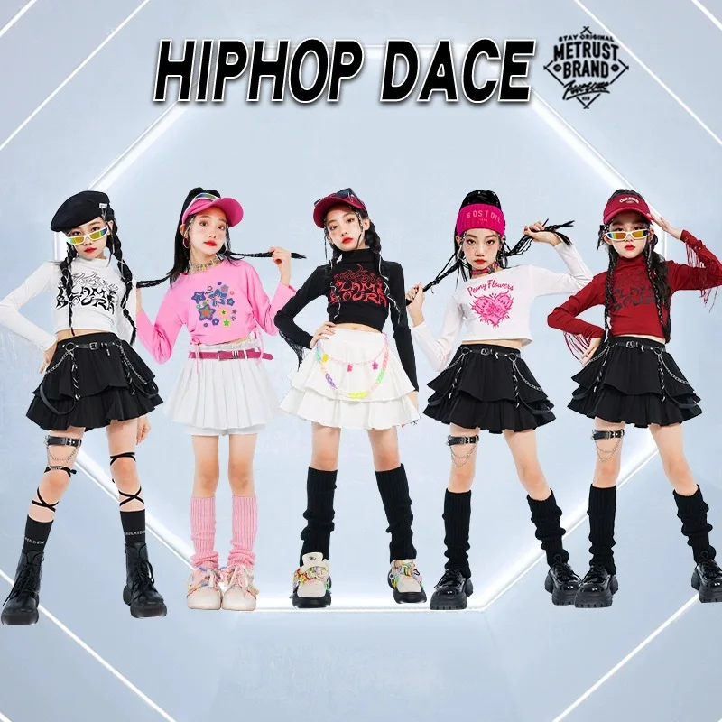 

Children Kpop Jazz Dance Stage Costume Girls Hip Hop Modern Dancewear Kids Fashion Jazz Clothing Crop Tops Cake Skirt Blac