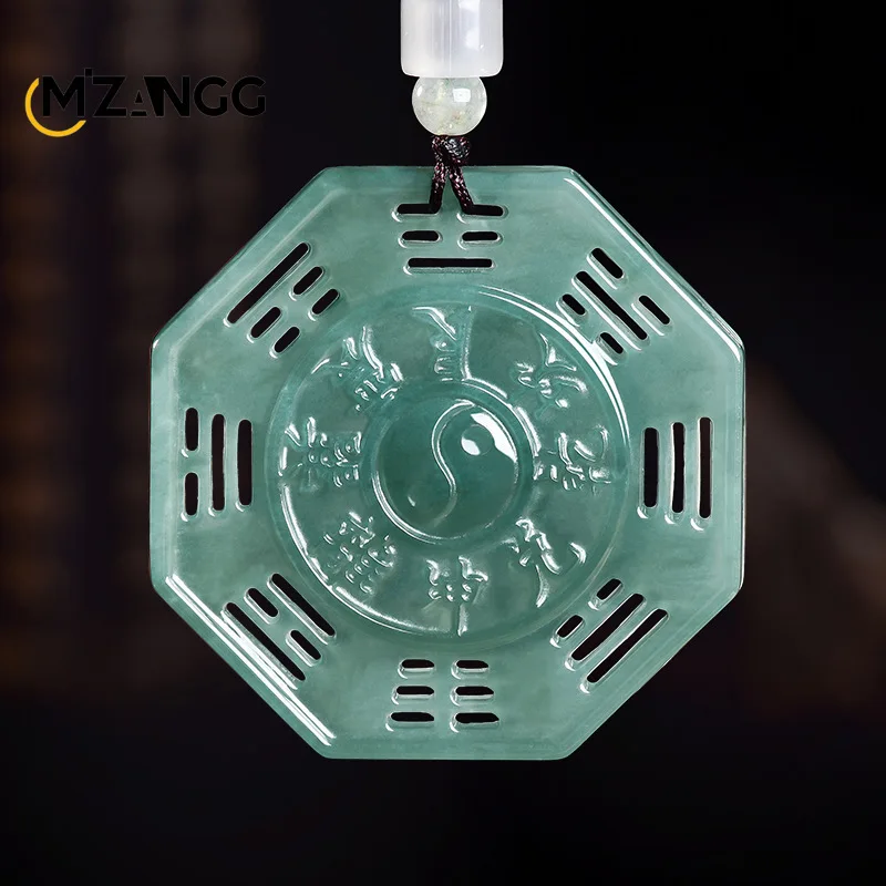 Natural Jadeite Blue Water Openwork Double-Sided Tai Chi and Bagua Pendant Vintage Charm—Jewelry and Jade Gift for Men and Women