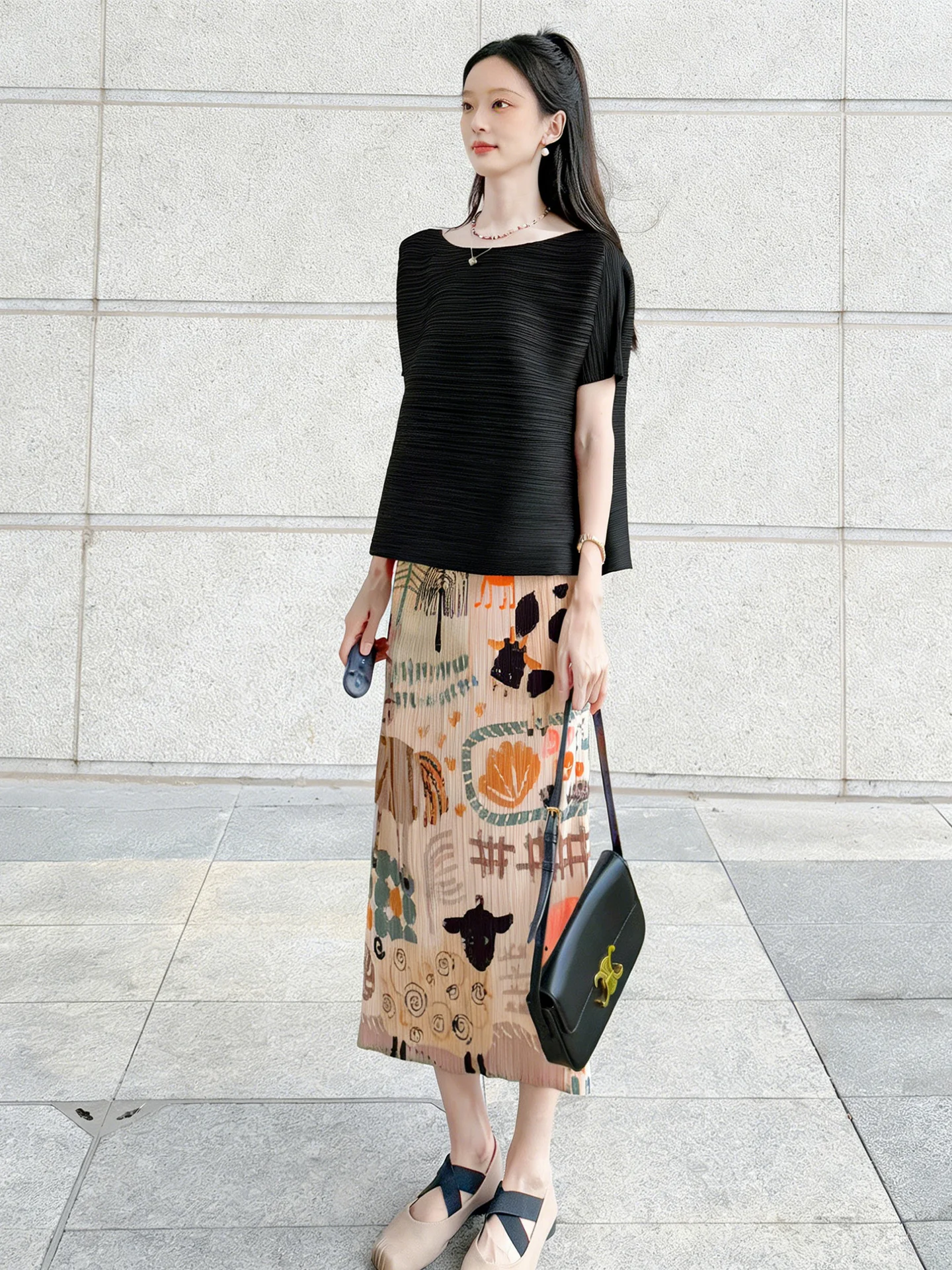 

Fashionable Pleated Short Sleeve Printed Skirt Set Women's Summer Slimming Versatile Ensemble round Neck Casual Wear