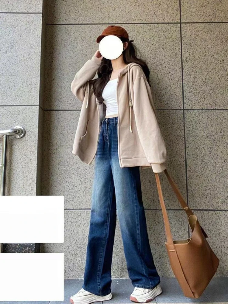 Trendy Milk Tea Zip Hoodie Women Skin Tone Enhancing Thick Fleece Lined Loose Ins Style Outerwear