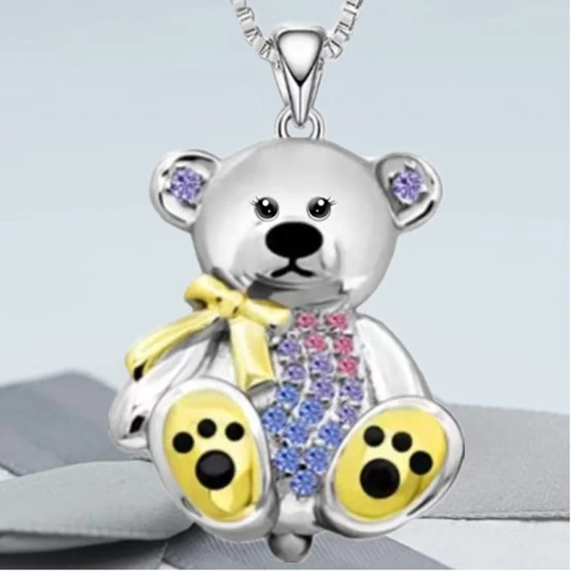 Luxury Fashion Bear Necklace Colorful Bear Pendant Lovely Animal Jewelry Necklace for Women Party Birthday Anniversary Gift