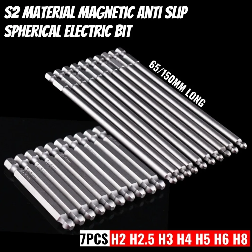 65-150mm 7-teiliges Elektrisches Schraubendreher-Bit-Set aus S2-Material, Magnetisch und Rutschfest, Kugelförmig, H2 H2.5 H3 H4 H5 H6 H8