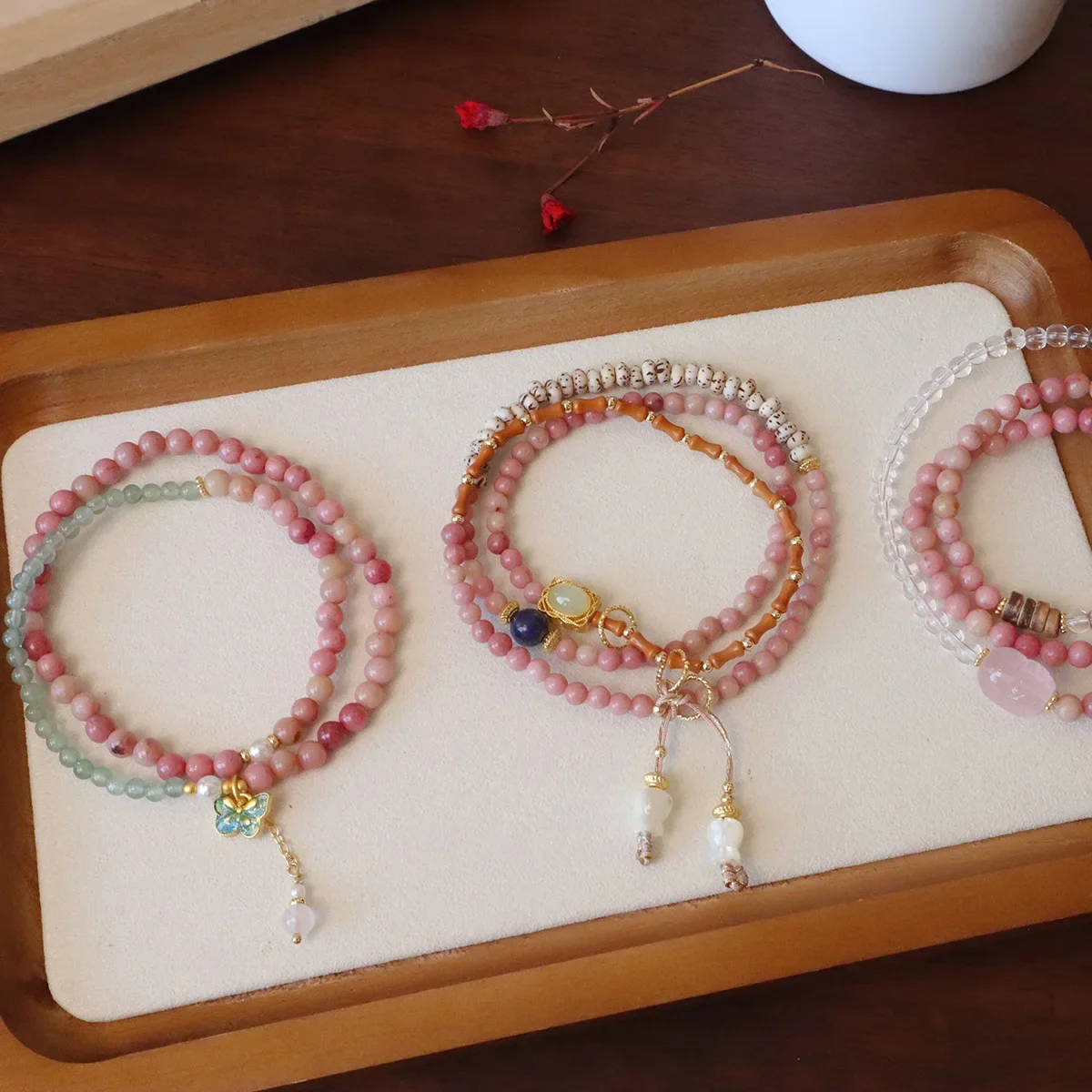 Chinese Natural Redstone Multi-circle Bracelet Pink Crystal Pixiu Star Moon Bodhi Olive Multi-circle Hand String Lucky Jewelry