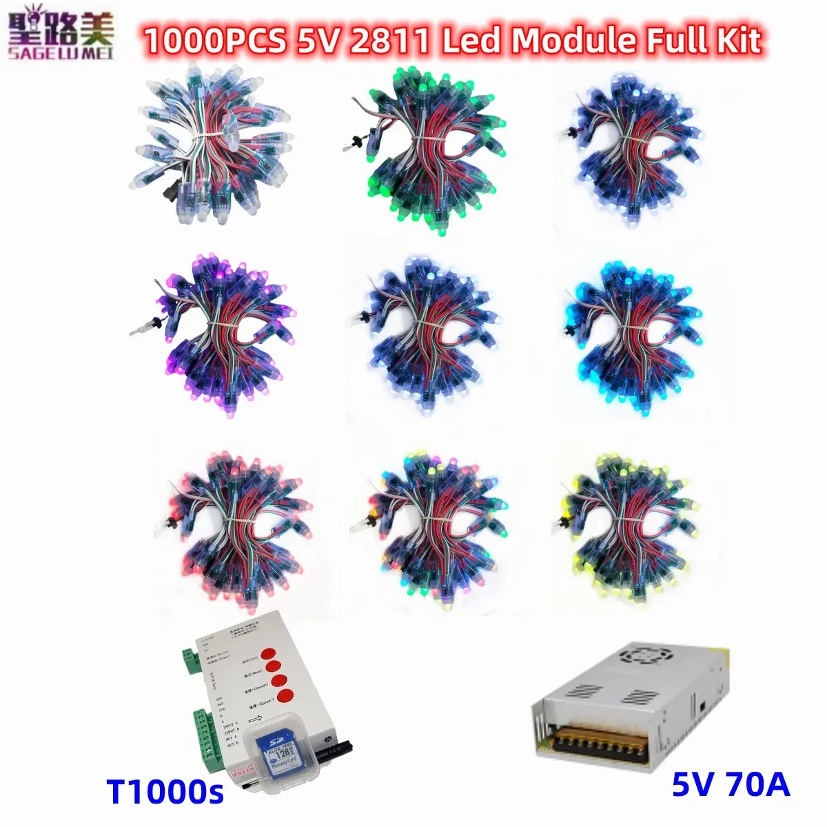 1000 Stuks Rgb Kleur 2811 Ic Digitaal 12Mm Ws2811 Full Color Led Pixel Verlichting Module Ip68 Waterdicht T 1000S Controller Dc 5V 70a Kit