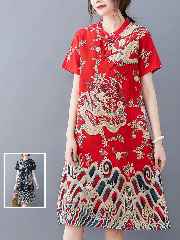 

Ele Cotton Linen Print Qipao Dr Summer Faion round Ne Button ort Sve Midi Length Thin Skirt for Women over 35