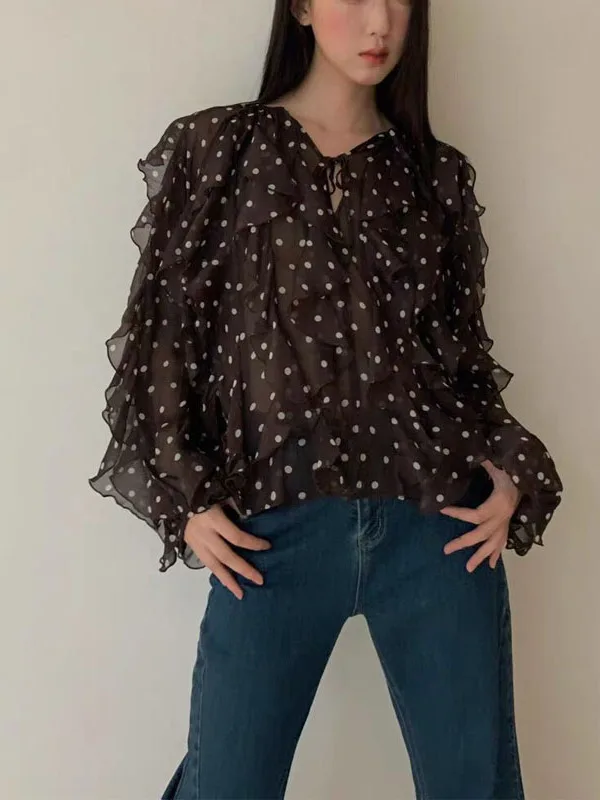 Elegant Spring 2026 Women's Long Sleeve Polka Dot Chiffon Shirt Loose Fit Gathered Hem Fashionable Lazy Style Commute Wind