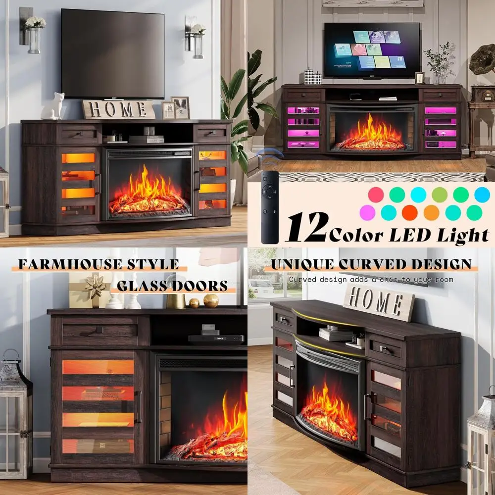 70-Inch Farmhouse Style Electric Fireplace TV Stand with Curved 36'' LED and Adjustable Shelves