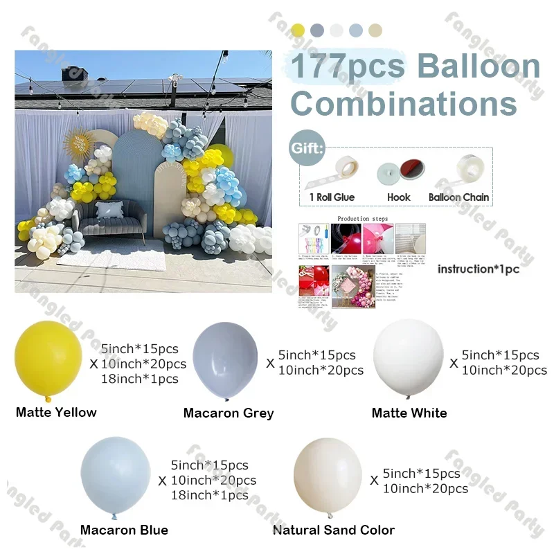 177pcs Here Comes the Sun Balloon Garland Kit White Yellow Blue Sunset Balloons Baby Shower Gender Reveal Retro Kids Birthday