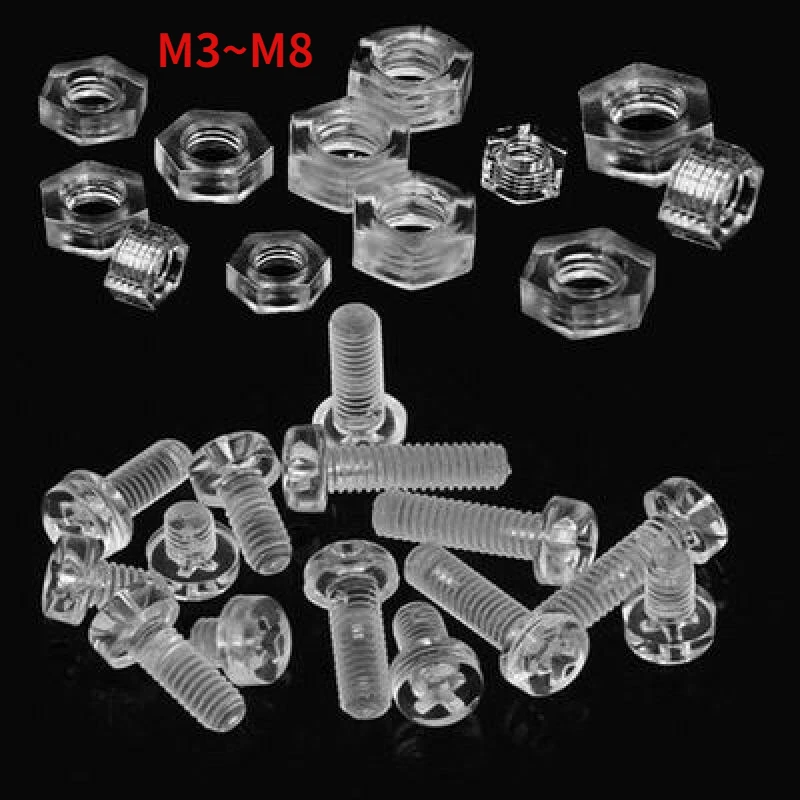 M3 M4 M5 M6 M8 Hex Nut Acrylic Clear Transparent Plastic Nylon Round Cross Head Screw Bolt