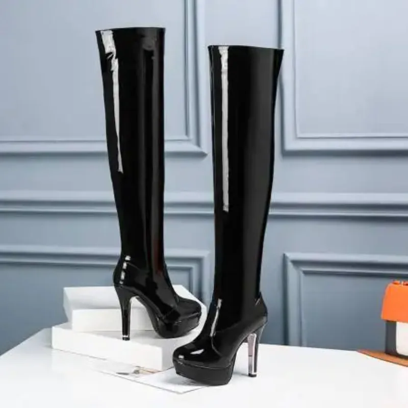 Patent PU Leather Red Black Womens Overknees Platform Thin High Heels Booties Big Size 46 Woman Over-the-knee Boots