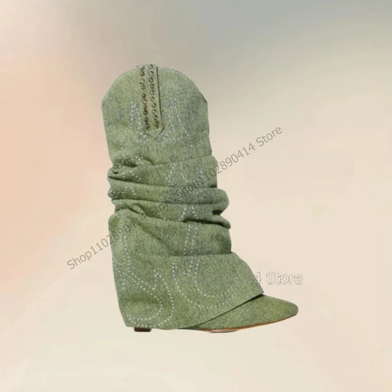 

Green Rivets Decor Turned Over Pointed Toe Boots Slip On Women Shoes Wedges Heel Novel Fashion Banquet 2023 Zapatos Para Mujere