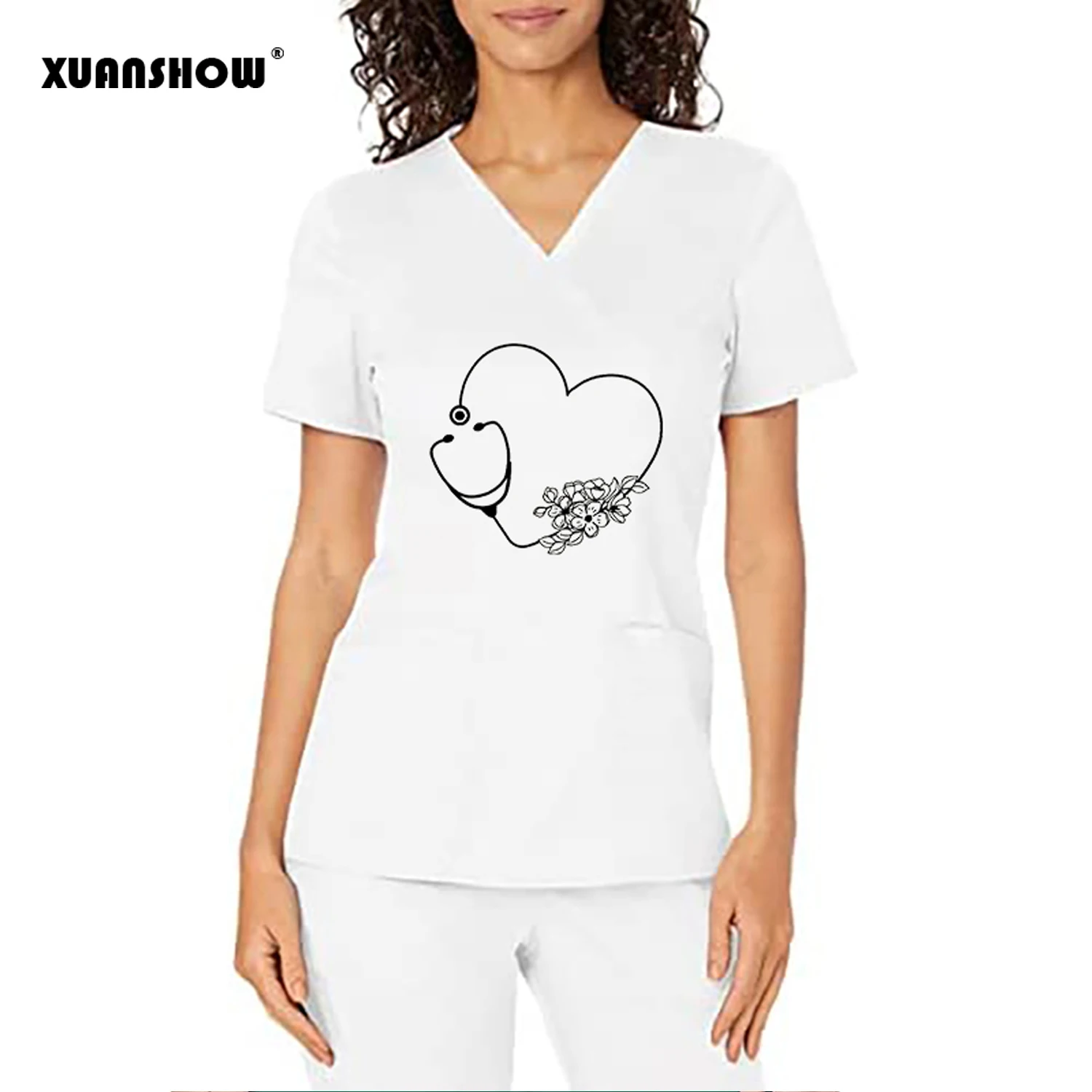 XUANSHOW Women's T-shirts Love Flowers Graphics Printed Tops Tee V-neck Pockets Short-sleeved Clothes for Women