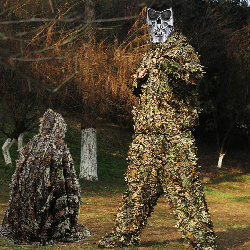 3D kamuflaż myśliwski Ghillie z czapką garnitur ubrania peleryna dżungla Poncho Camo bioniczny liść do sprzętu do akcesoria fotograficzne