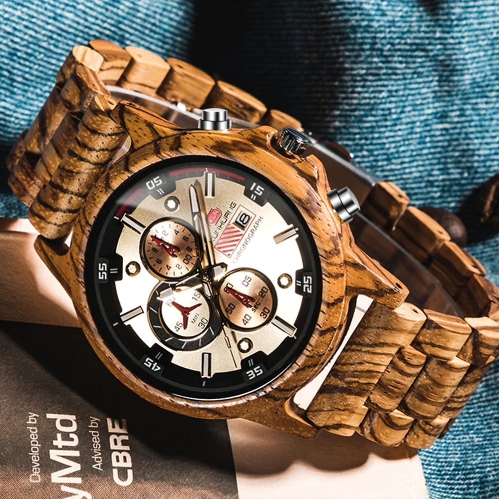 Handmade Natural Wooden Watches Chronograph Date Military Sport Mens Watches Top Luxury Fashion Casual Watch Personalized Custom