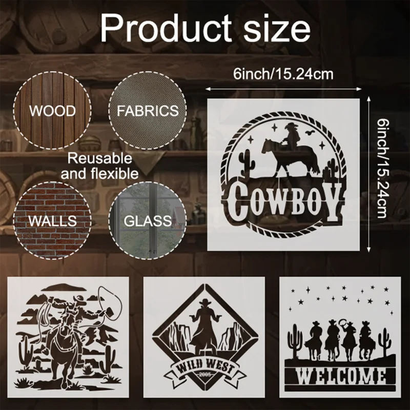 9 Pcs/Set Western Cowboy Graffiti Stencil DIY Layering Wall Scrapbook Coloring Embossing Album Decoration Card Painting Template