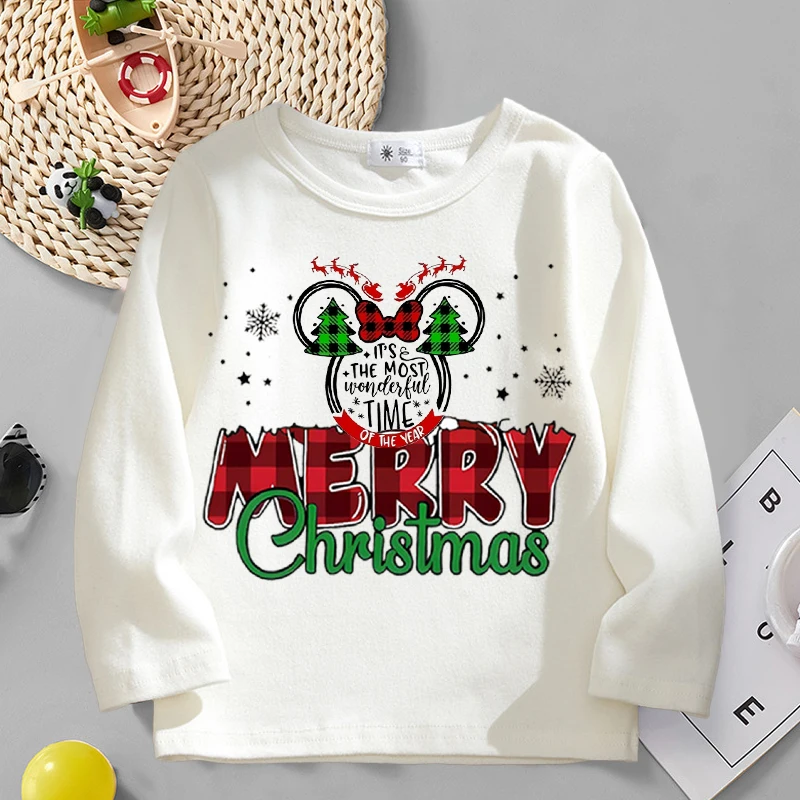 Mickey Mouse Christmas Kids Long Sleeved T-shirt Disney Anime Cartoon Top Boys Girls Xmas Undershirts New Year Children Clothes