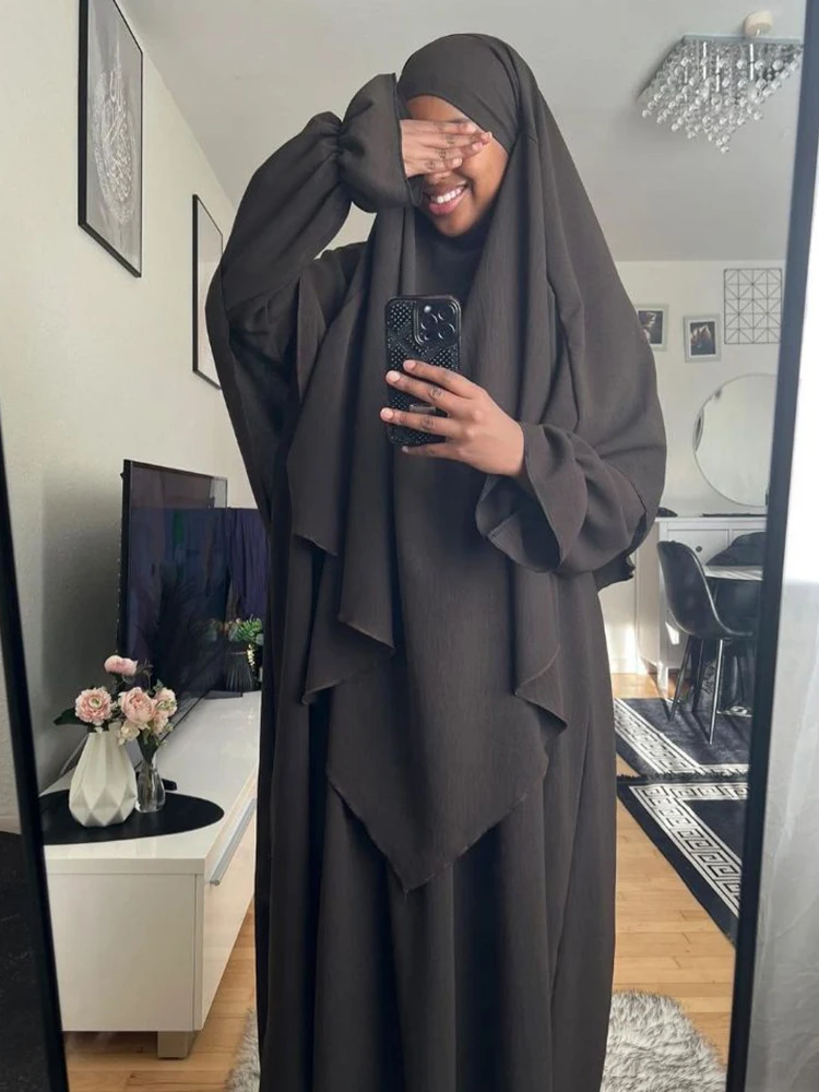 Imagem -03 - Vestido Khimar Longo Muçulmano para Mulheres Eid Abaya Vestuário de Oração Túnica Completa Ramadan Kaftan Djellaba Hijab Conjunto de Peças