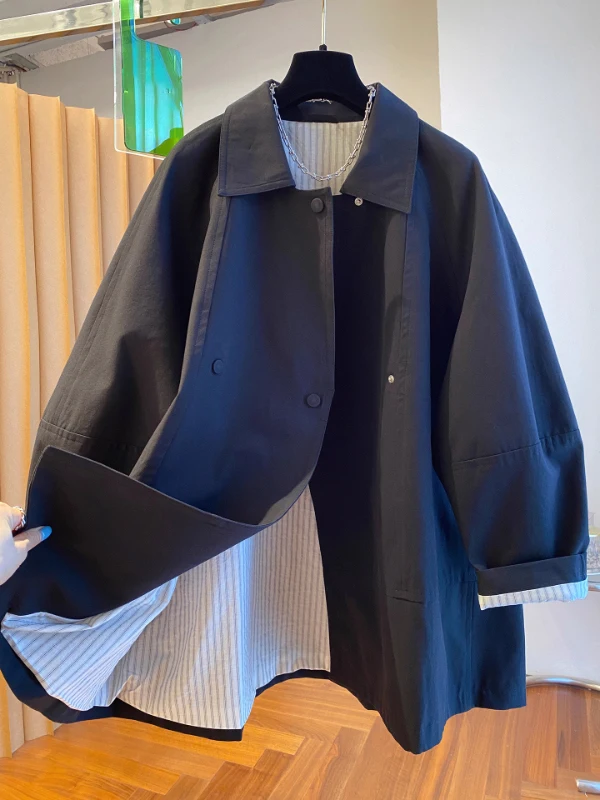 Women's Casual Oversized Coat Spring Autumn New Style Stripe Inner British Style Mid-Length Lapel Windbreaker Outerwear