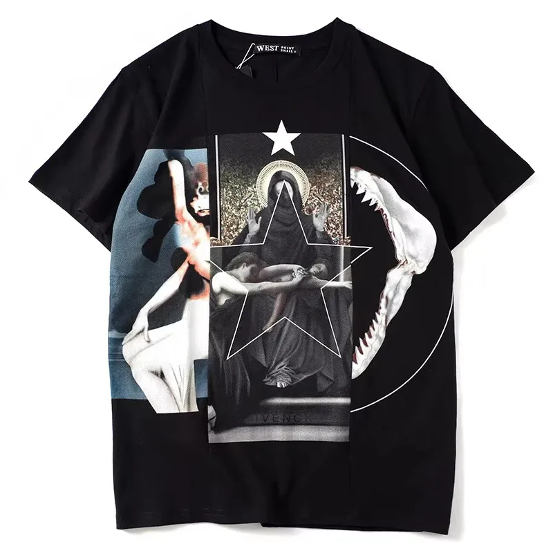 New Novelty 209 Men Virgin Mary Shark Bones Teeth T Shirts T-Shirt Hip Hop Skateboard Street Cotton T-Shirts Tee Top Kenye #30
