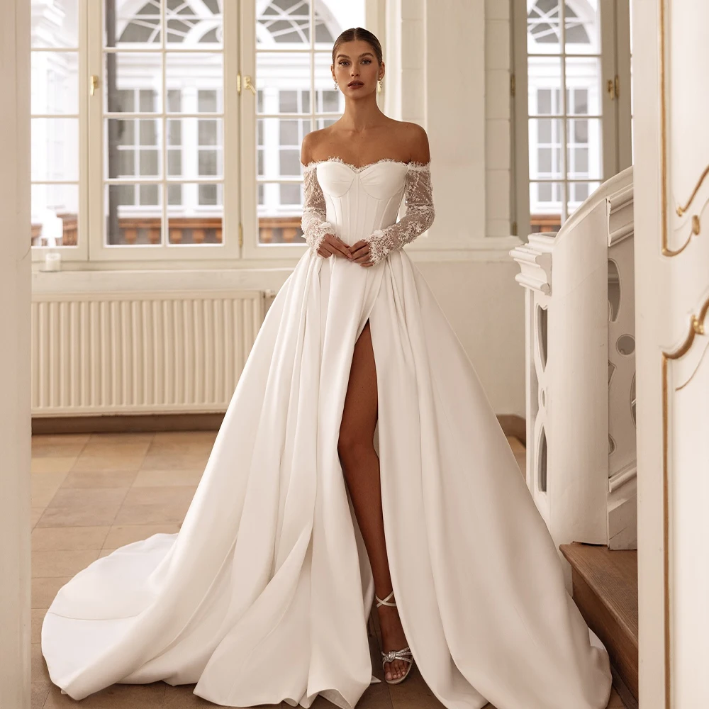

Luxurious Off The Shoulder Long Sleeves Sweetheart Satin A Line Wedding Dresses Side Slit CUstom made 2025 Vestido De Noival